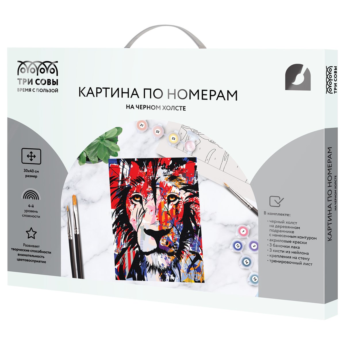 Картина по номерам на черном холсте ТРИ СОВЫ «Лев», 30×40, c акриловыми красками и кистями