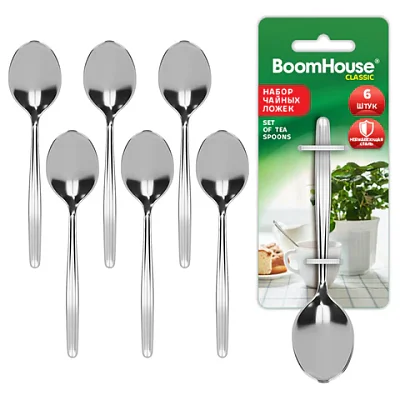 Ложки чайные CLASSIC, НАБОР 6 шт., на подвесе, нержавеющая сталь, серебристые, BOOMHOUSE (БУМХАУС)