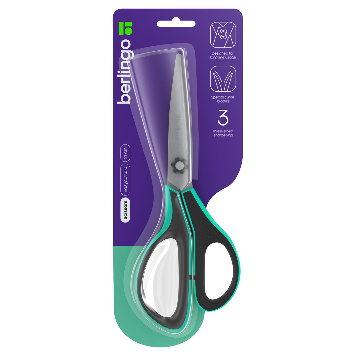 превью Ножницы Berlingo «Easycut 350», 21см, бирюзовые, эргономичные ручки, мягкие вставки, европодвес