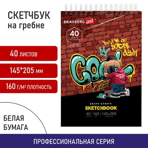 Скетчбук, белая бумага 160 г/м2, 140×201 мм, 40 л., гребень, подложка, BRAUBERG ART, «Граффити»