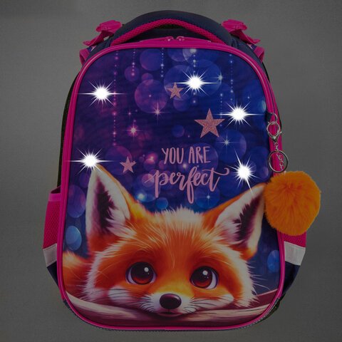 Ранец BRAUBERG PREMIUM, 2 отделения, с брелоком, «Cute fox», LED-ЛАМПОЧКИ, 38×29х16 см
