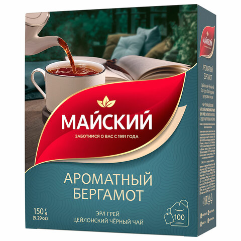 Чай МАЙСКИЙ «Ароматный бергамот» черный цейлонский байховый, 100 пакетиков по 1.5 г
