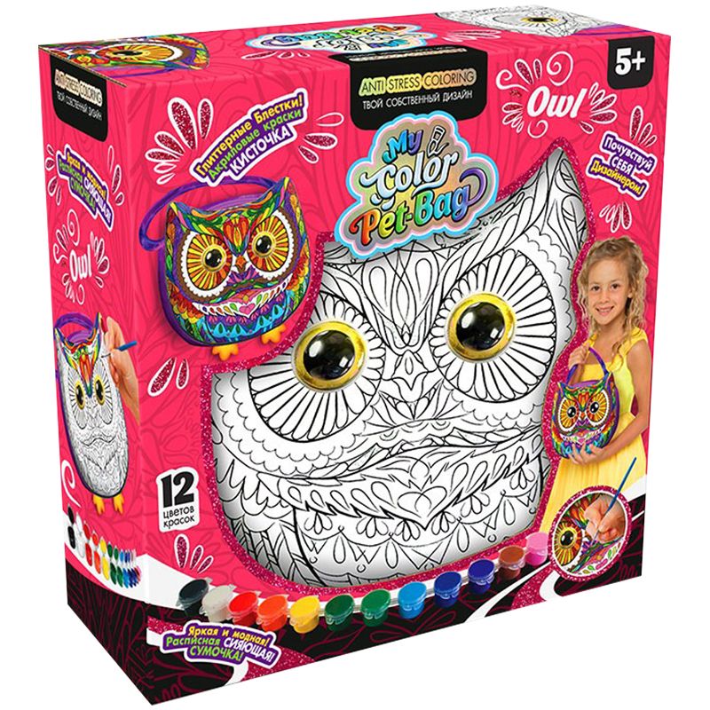 превью Набор для раскрашивания сумки-мини Danko toys «My Color Bag. Сова», 6 акрил. красок, глиттерные блестки, лак акриловый