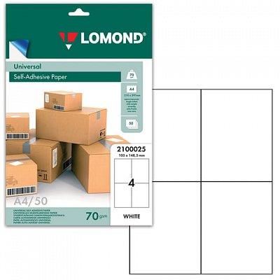 Этикетка самоклеящаяся LOMOND на листе формата А4, 4 этикетки, размер 105×148.5 мм, белая, 50 л. 
