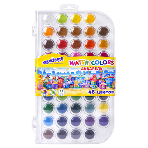Краски акварельные ЮНЛАНДИЯ «ДОМИКИ», 48 цветов, круглые кюветы 23 мм, пенал, 192634