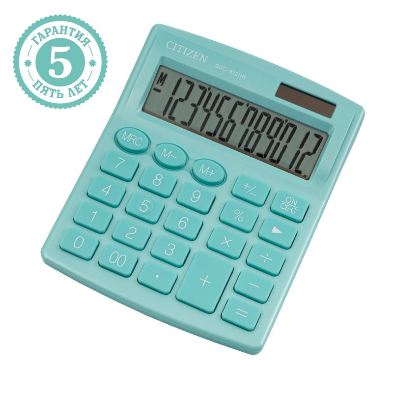 Калькулятор настольный CITIZEN SDC-812NRGNE, КОМПАКТНЫЙ (124×102 мм), 12 разрядов, двойное питание, БИРЮЗОВЫЙ