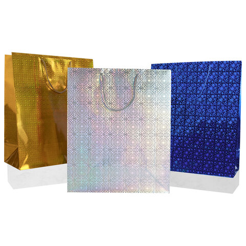 Пакет подарочный 41×19x49 см (XXL), НАБОР 3 шт., 3 дизайна, голография, ЗОЛОТАЯ СКАЗКА