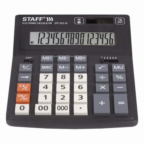Калькулятор настольный STAFF PLUS STF-333 (200×154 мм), 16 разрядов, двойное питание