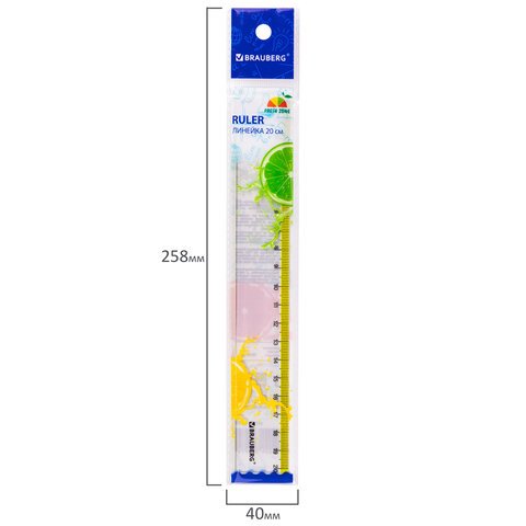 Линейка пластиковая 20 см BRAUBERG «FRESH ZONE»прозрачнаяс желтой шкалой210749