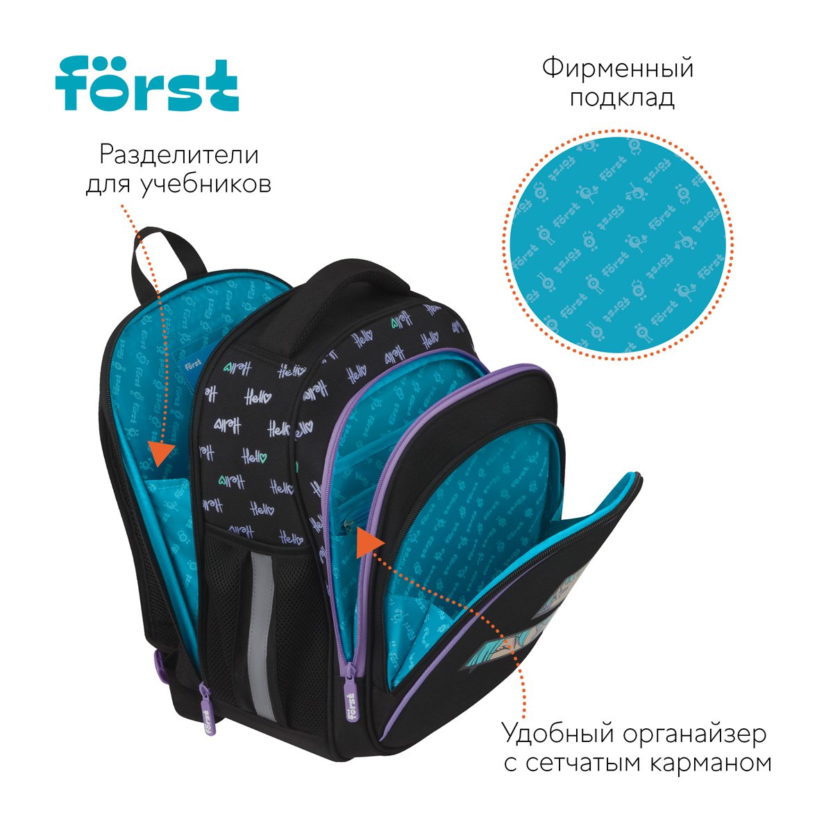 Ранец Först F-Base «Fancy» 36×29×17см, 3 отделения, 2 кармана, анатомическая спинка