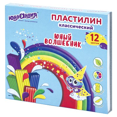 Пластилин классический ЮНЛАНДИЯ «ЮНЫЙ ВОЛШЕБНИК», 12 цветов, 240 г, СО СТЕКОМ, ВЫСШЕЕ КАЧЕСТВО, 105723