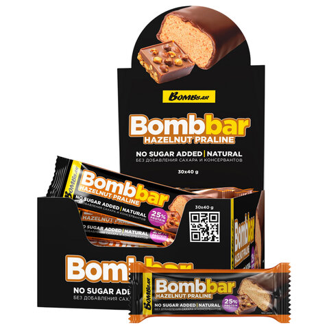превью Батончик BOMBBAR «Фундучное пралине» без сахара 40 г, шоу-бокс