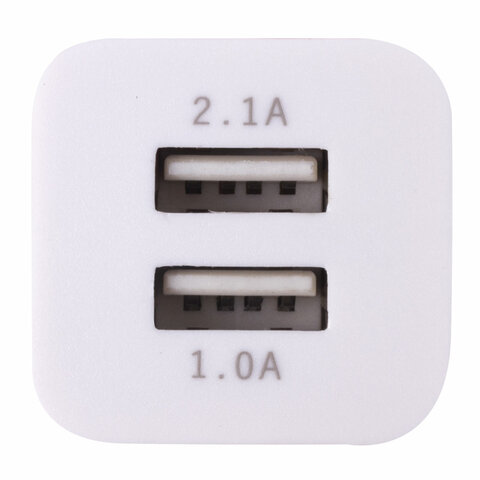 Зарядное устройство сетевое (220В) SONNEN, 2 порта USB, выходной ток 2.1 А, белое, 454797
