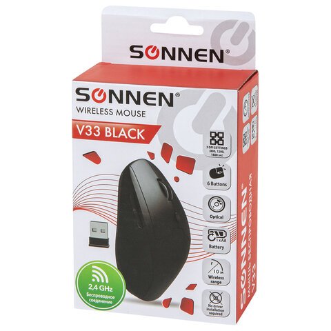 Мышь беспроводная SONNEN V33, USB, 800/1200/1600 dpi, 6 кнопок, оптическая, черная, SOFT TOUCH