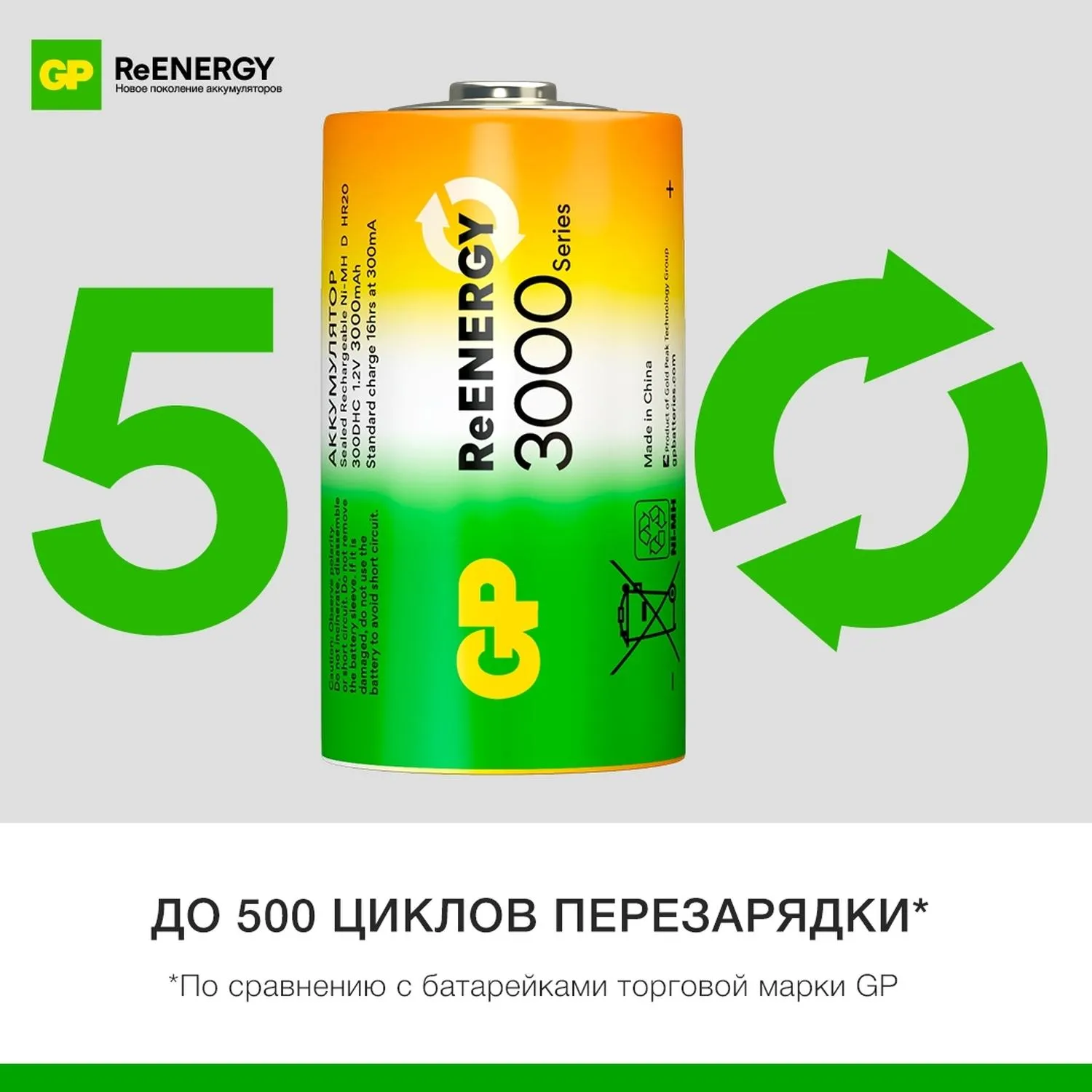 Аккумулятор GP 3000mAh D 300DHCRGY-2CRCB2 Ni-Mh 2шт/уп