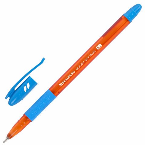 Ручка шариковая масляная с грипом BRAUBERG GLASSY SKY BLUE, СВЕТЛО-СИНЯЯ, узел 0.7 мм, линия письма 0.35 мм