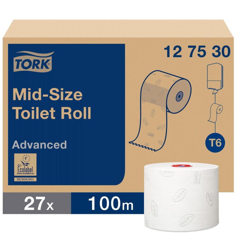 Бумага туалетная в рулонах Tork Mid-size Advanced 2-слойная 27 рулонов по 100 метров (артикул производителя 127530)
