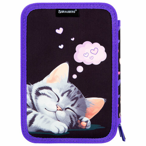 Пенал BRAUBERG, 3 отделения, полиэстер, 21×14 см, «Sleeping kitten»