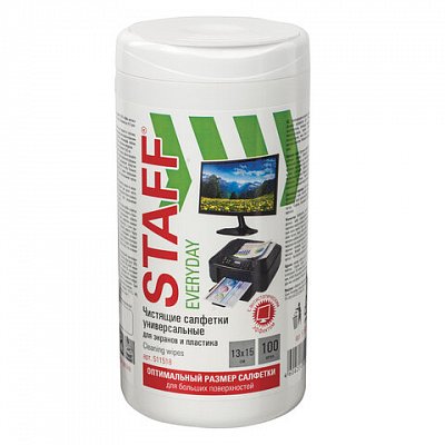 Чистящие салфетки для экранов и пластика универсальные STAFF, 13×15 см, туба 100 шт., влажные