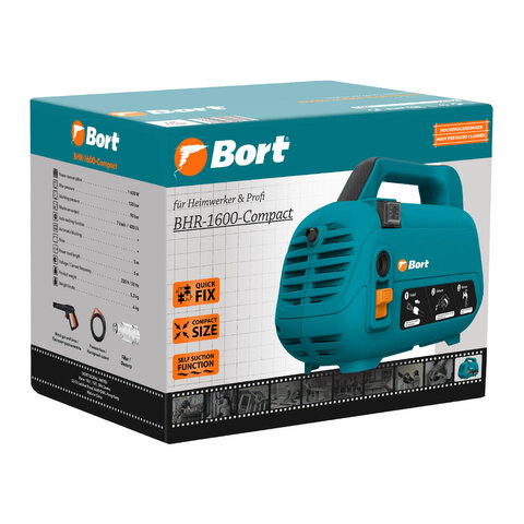 Минимойка BORT BHR-1600-COMPACT, мощность 1.6 кВт, давление 120 бар, шланг 5 м