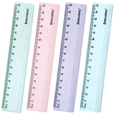 Линейка пластиковая 15 см BRAUBERG «PASTEL», тонированная, ассорти