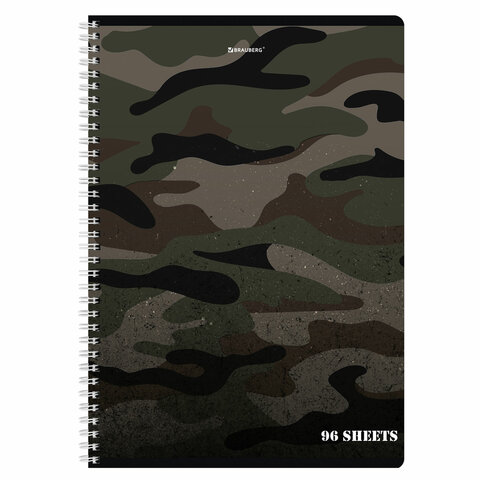 Тетрадь А4, 96 л., BRAUBERG, гребень, клетка, обложка картон, «Military»
