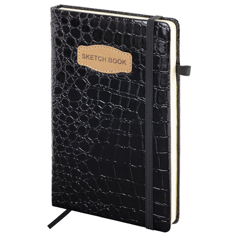 превью Скетчбук, слоновая кость 140 г/м2, 130×210 мм, 80 л., КОЖЗАМ, резинка, BRAUBERG ART CLASSIC, CROCO, черный
