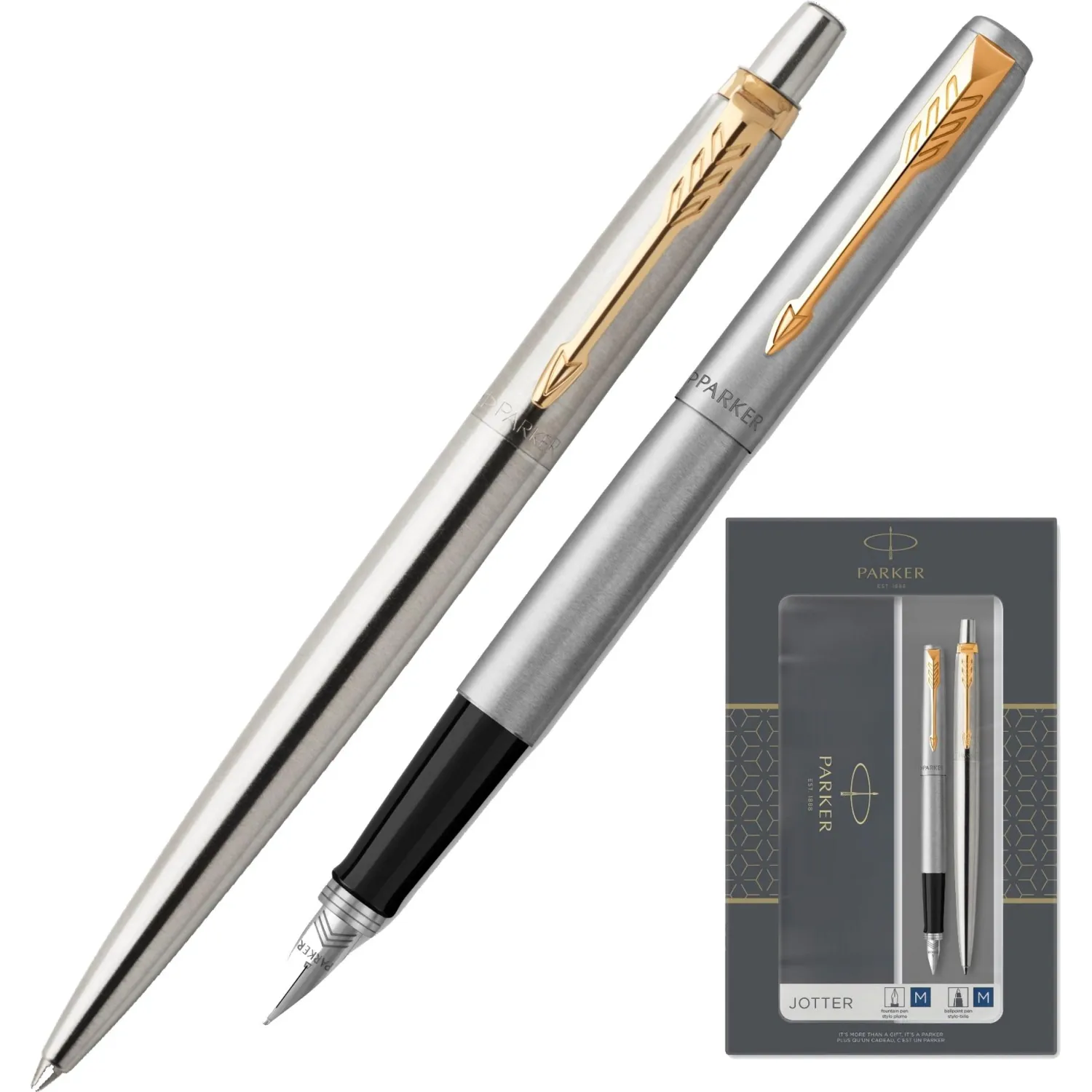Набор пишущих принадлежностей Parker Jotter Stainless Steel GT (шариковая ручка, перьевая ручка, артикул производителя 2093257)