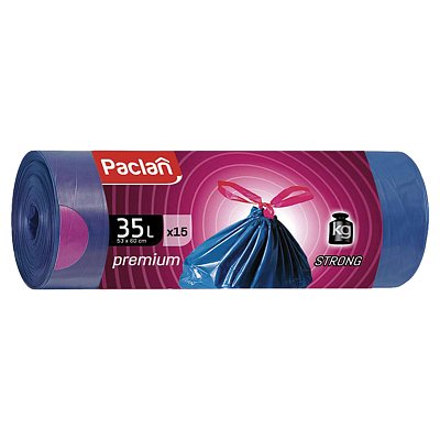 Мешки для мусора 35 л, завязки, синие, в рулоне 15 шт., ПВД, 30 мкм, 60×53 см, PACLAN «Premium»