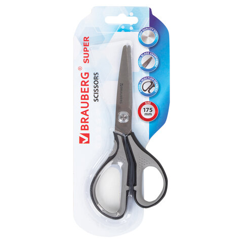 Ножницы BRAUBERG SUPER, 175 мм, серо-черные, 2-х сторонняя заточка