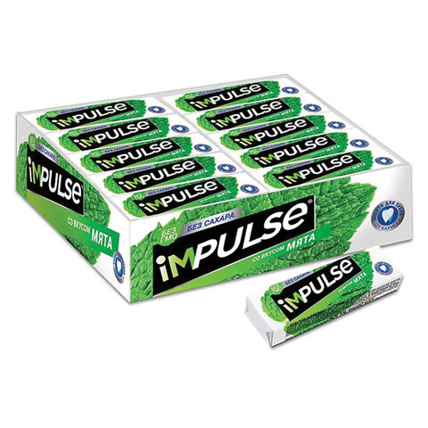 превью Жевательная резинка IMPULSE со вкусом Мяты, БЕЗ САХАРА, 10 подушечек, 14 г