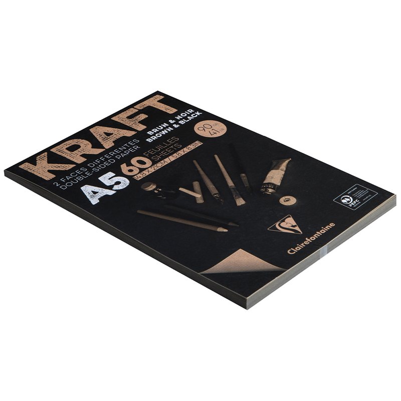Блокнот для эскизов и зарисовок 60л. А5 на склейке Clairefontaine «Kraft», 90г/м2, верже, черный/крафт