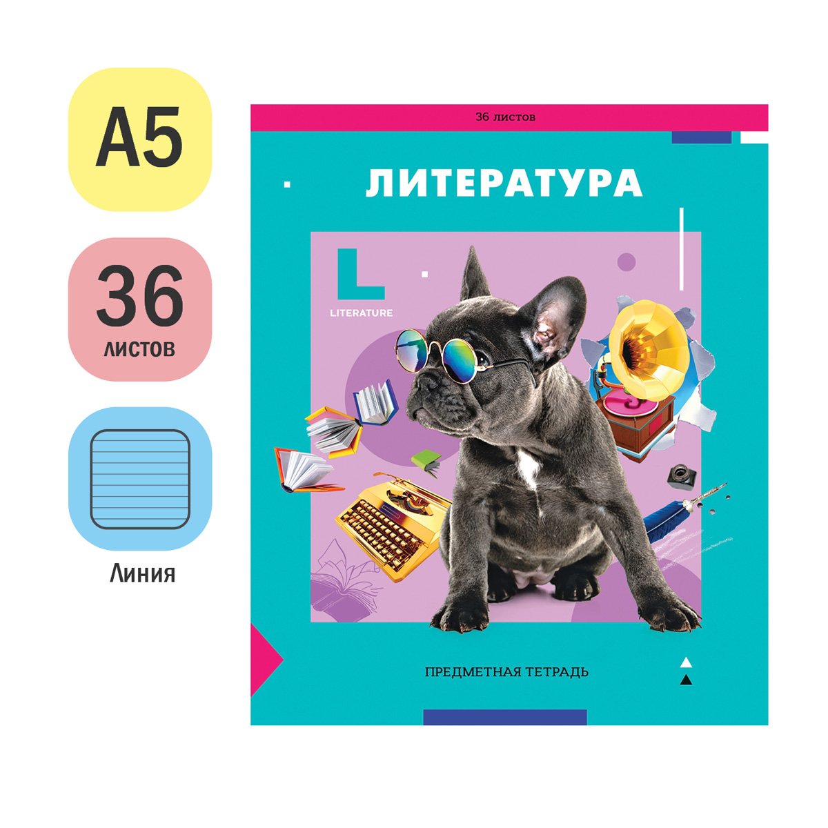 Тетрадь предметная 36л. ArtSpace «Пять в квадрате» - Литература, эконом