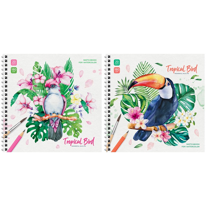 превью Скетчбук для акварели 20л. 190×190 на гребне ArtSpace «Tropical Bird», 180г/м2