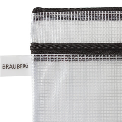 Папка-конверт на молнии BRAUBERG "Solid", А4, 335х243 мм, ПВХ, сетка, 0,3 мм, 2 отделения, прозрачная