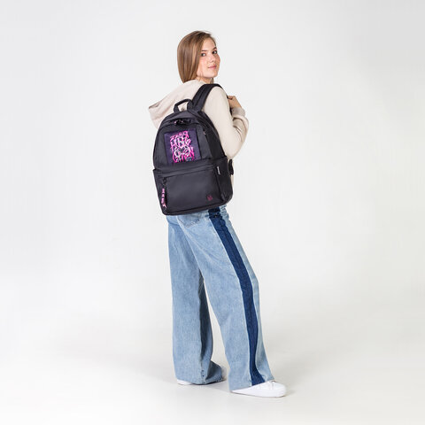 Рюкзак BRAUBERG FASHION CITY универсальный, карман-антивор, Hug me, черный, 44×31х16 см