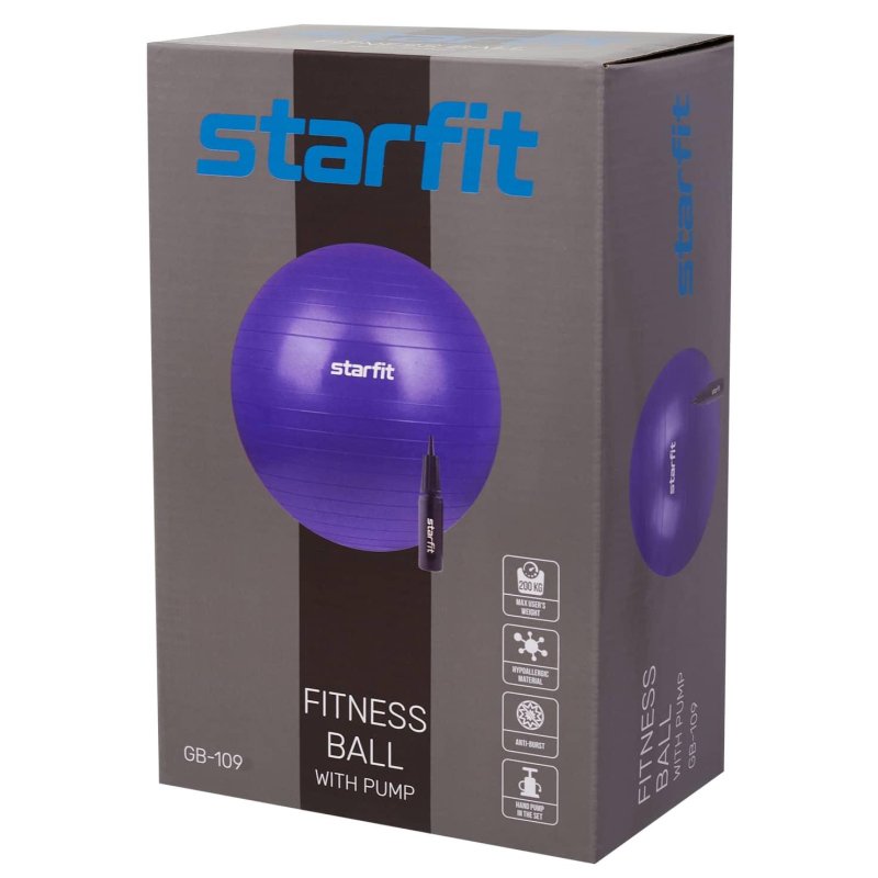 Фитбол STARFIT GB-109 75см,1200 гр, антивзрыв, с ручн нас, фиол, УТ-00020233