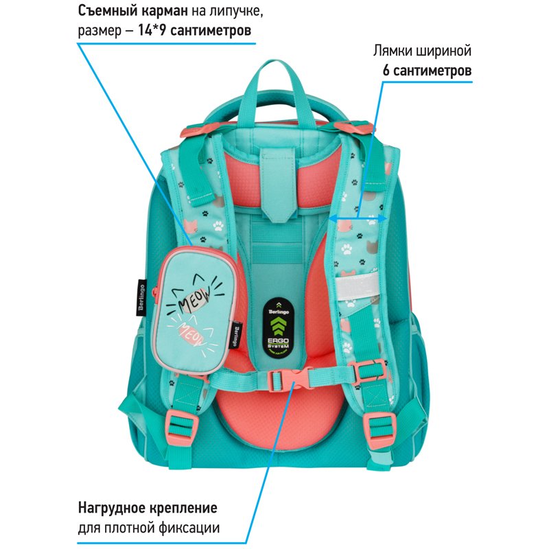 Ранец Berlingo Expert Max «Kittens green» 37×28×16см, 2 отделения, анатомическая спинка, дождевик в комплекте