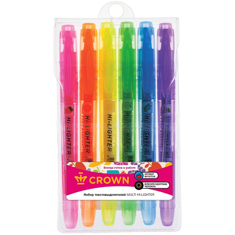 Набор текстовыделителей Crown «Multi Hi-Lighter Aroma» 6цв., 1-4мм, ароматиз., чехол с европодвесом