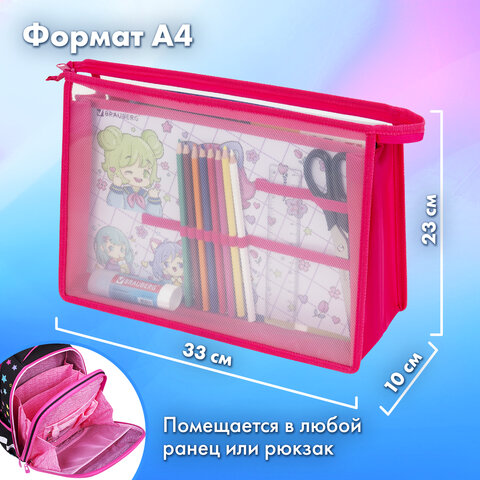 Папка для труда BRAUBERG А4, 2 отделения, пластик, молния сверху, органайзер, «Anime party»