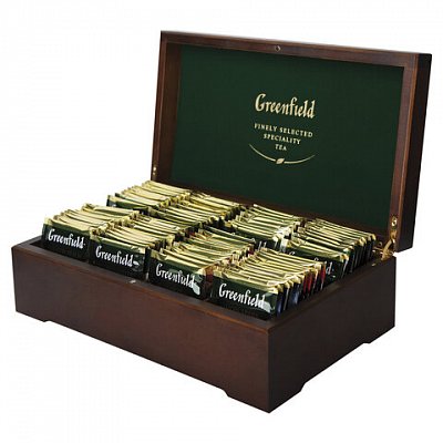 Чай GREENFIELD, набор 96 пакетиков (8 вкусов по 12 пакетиков) в деревянной шкатулке, 177.6 г