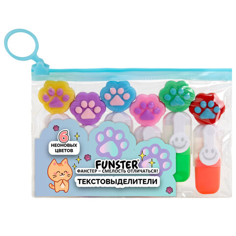 Набор текстовыделителей с топперами 6 ЦВЕТОВ НЕОН, «ЛАПКИ», линия 1-4 мм, FUNSTER (ФАНСТЕР)