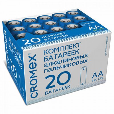 Батарейки алкалиновые «пальчиковые» КОМПЛЕКТ 20 шт., CROMEX Alkaline, АА (LR6.15А), в коробке