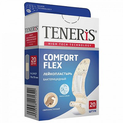 Набор пластырей 20 шт. TENERIS COMFORT FLEX суперэластичный, на полимерной основе, коробка с европодвесом