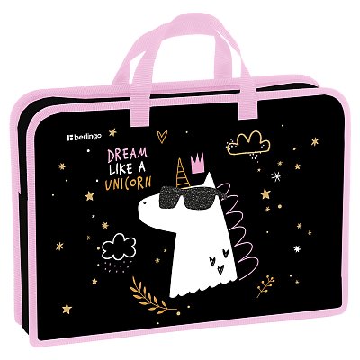 Папка с ручками 1 отделение, А4 Berlingo «Dream Like A Unicorn», 340×245×75мм, пластик, на молнии