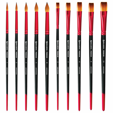 Кисти BRAUBERG PREMIUM, набор 10 шт. (синтетика, круглые № 1, 2, 3, 5, 8, плоские № 2, 4, 6, 8, 10)