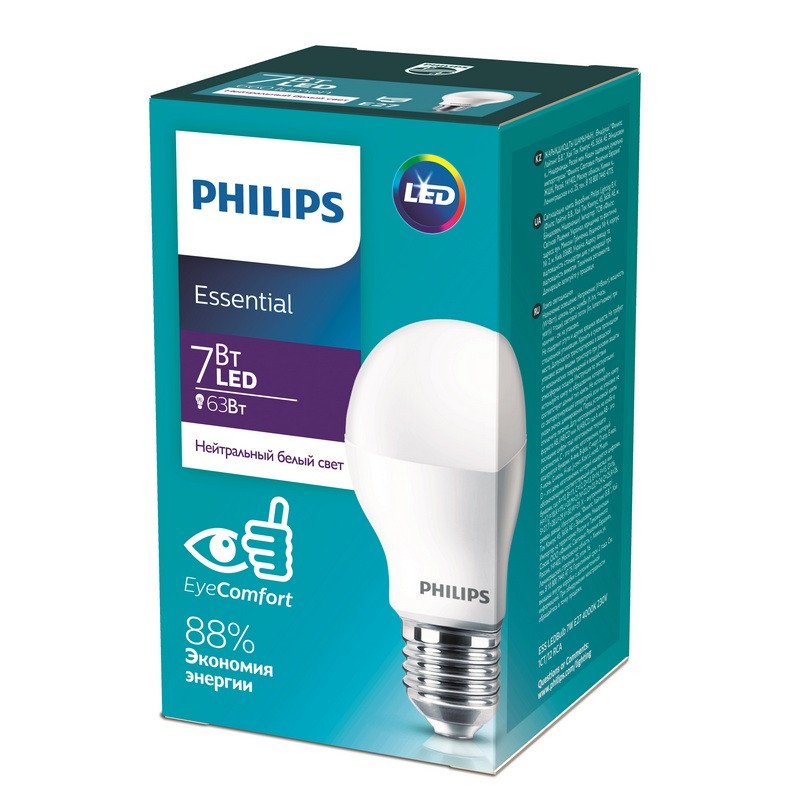 превью Лампа светодиодная Philips 7Вт E27 грушевидная 4000K нейтральный белый свет