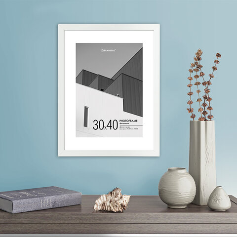 Рамка 30×40 см с паспарту 21×30 см небьющаяся, багет 20 мм, пластик, BRAUBERG «New Age», белая