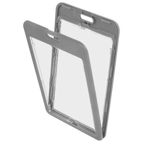 Бейдж вертикальный (85×54 мм), ДВУСТОРОННИЙ, серый, ЗАЩИТА ОТ ВЛАГИ И ПЫЛИ, BRAUBERG EXTRA