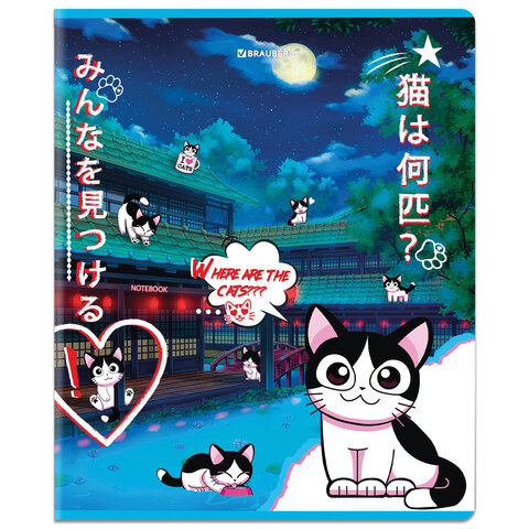 Тетради ДЭК А5 48 л. КОМПЛЕКТ 5 шт. BRAUBERGклеткаматовая ламинациялак«Аниме Кот»404671